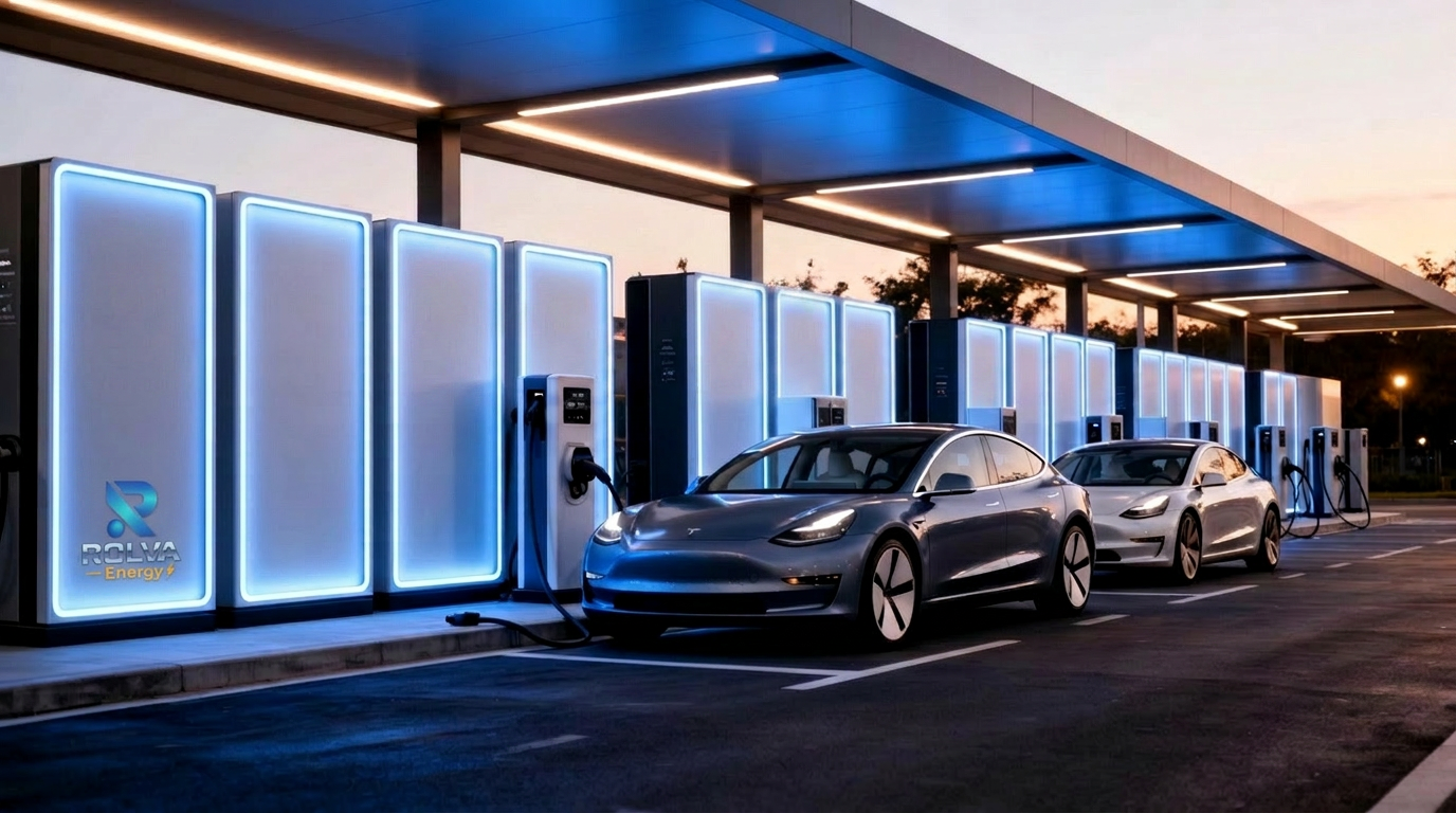 Hub de cargadores rápidos DC ROLVA ENERGY con iluminación LED azul, vehículos eléctricos cargando al atardecer y técnico certificado supervisando con tablet