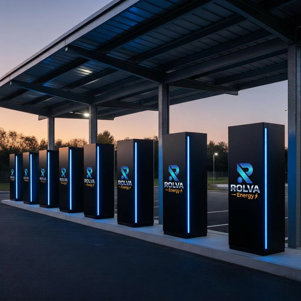 Hub de cargadores ROLVA ENERGY en plaza comercial premium con vehículos eléctricos al atardecer
